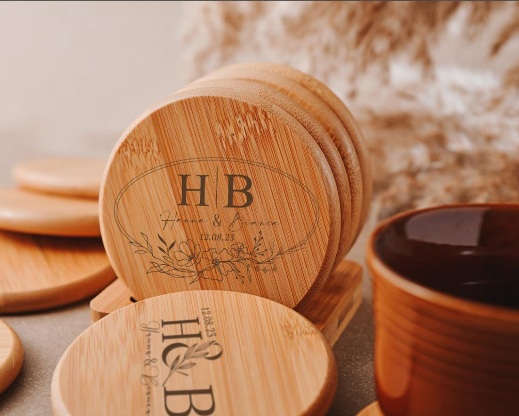 Personalized engraved coaster set for wedding