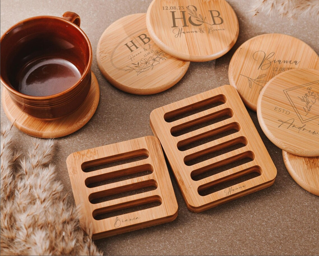 Personalized engraved coaster set for wedding