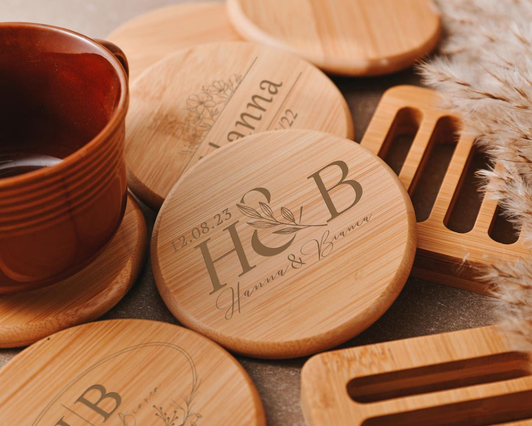 Personalized engraved coaster set for wedding