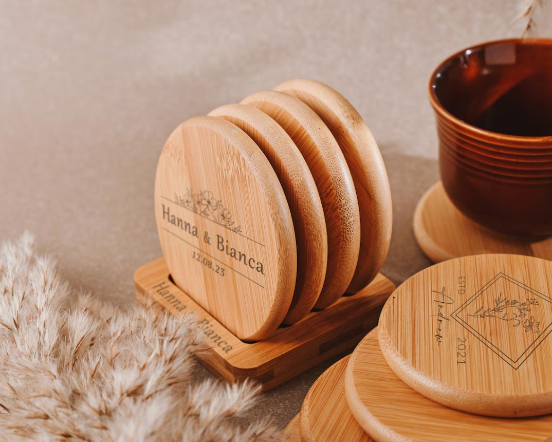 Personalized engraved coaster set for wedding