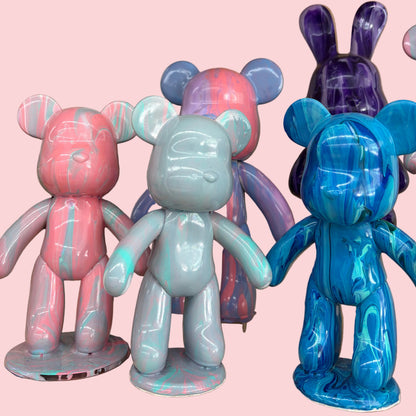 Completed fluid art bear figures in pink blue and purple at XPOP Art Craft Lisle IL
