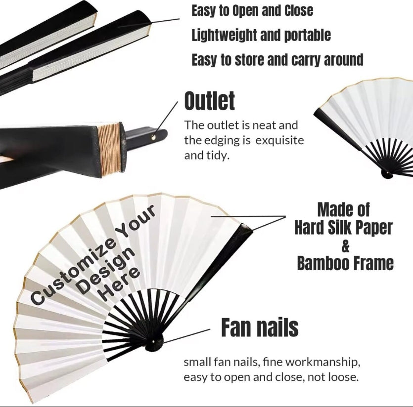 XpopArtCraft CUSTOM TEXT/PHOTO Hand Folding Fan-Black fan rib