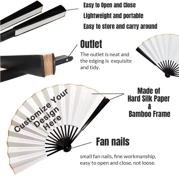 XpopArtCraft CUSTOM TEXT/PHOTO Hand Folding Fan-Black fan rib